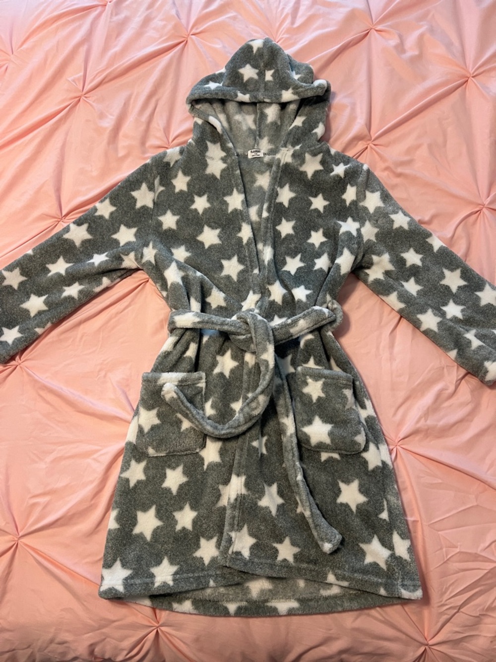 Kids Hooded Star-Print Plush Robe - Gray & White